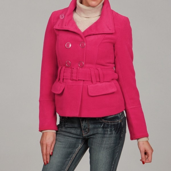 Dollhouse Women's Fuschia Belted Button Front Coat Dollhouse Juniors' Outerwear