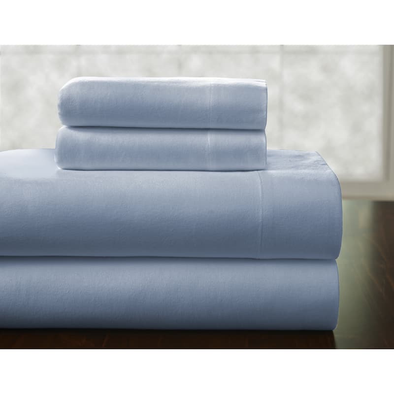 Solid or Print Cotton Heavyweight Flannel Bed Sheet Set - Blue - Solid Color/Striped - 4 Piece - Queen