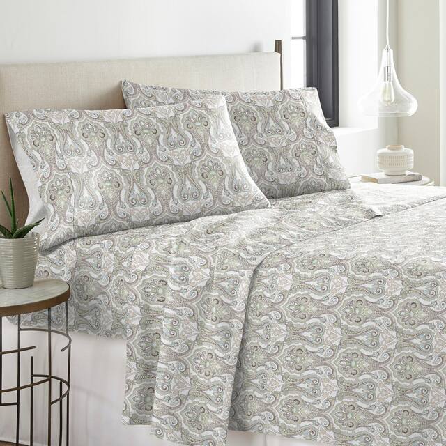 Solid or Print Cotton Heavyweight Flannel Bed Sheet Set - Paisley - Paisley/Striped - 4 Piece - California King