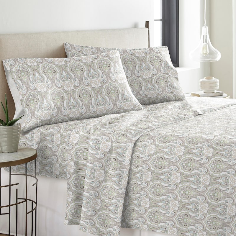 Solid or Print Cotton Heavyweight Flannel Bed Sheet Set - Paisley - Paisley/Striped - 4 Piece - Full