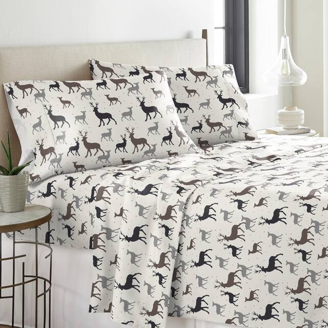 Solid or Print Cotton Heavyweight Flannel Bed Sheet Set - Autumn Deer - Animal Print/Striped - 4 Piece - Queen