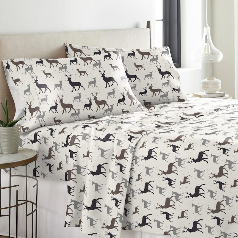 Solid or Print Cotton Heavyweight Flannel Bed Sheet Set - Autumn Deer - Animal Print/Striped - 3 Piece - Twin