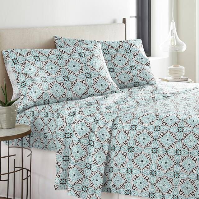 Solid or Print Cotton Heavyweight Flannel Bed Sheet Set - Ankara - Floral/Striped - 4 Piece - Full