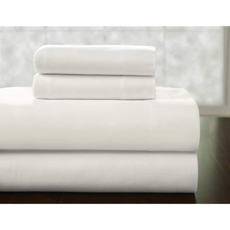 Solid or Print Cotton Heavyweight Flannel Bed Sheet Set - White - Solid Color/Striped - 4 Piece - Queen