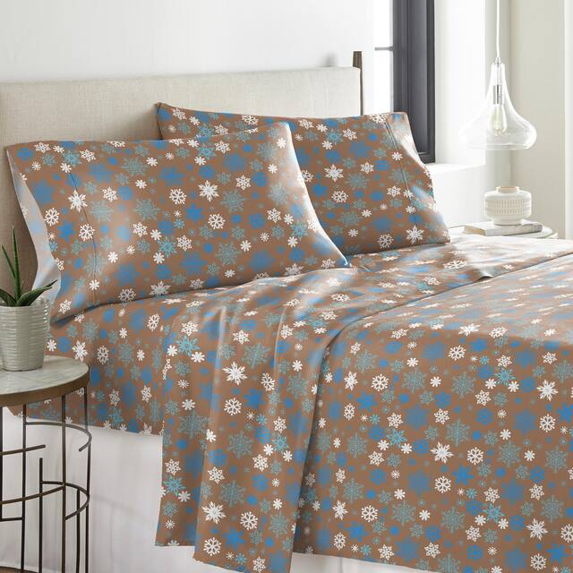 Solid or Print Cotton Heavyweight Flannel Bed Sheet Set - Snow Flakes Tan - Nature/Striped - 4 Piece - King