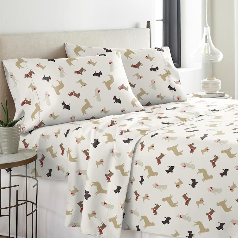 Solid or Print Cotton Heavyweight Flannel Bed Sheet Set - Winter Dogs - Animal Print/Striped - 3 Piece - Twin