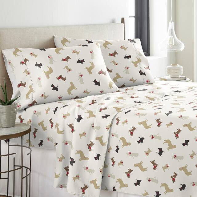 Solid or Print Cotton Heavyweight Flannel Bed Sheet Set - Winter Dogs - Animal Print/Striped - 4 Piece - King