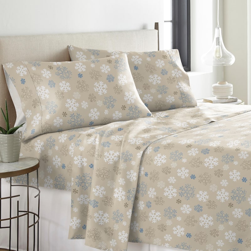 Solid or Print Cotton Heavyweight Flannel Bed Sheet Set - snowflakes oatmeal - Nature/Striped - 3 Piece - Twin