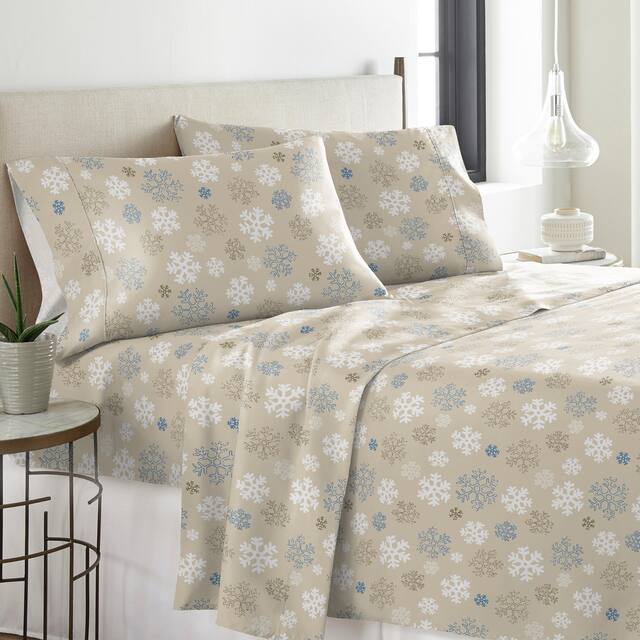 Solid or Print Cotton Heavyweight Flannel Bed Sheet Set - snowflakes oatmeal - Nature/Striped - 4 Piece - King