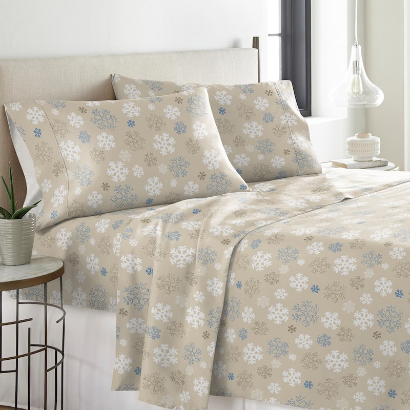 Solid or Print Cotton Heavyweight Flannel Bed Sheet Set - snowflakes oatmeal - Nature/Striped - 3 Piece - Twin Xl