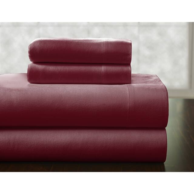 Solid or Print Cotton Heavyweight Flannel Bed Sheet Set - Merlot - Solid Color/Striped - 4 Piece - King