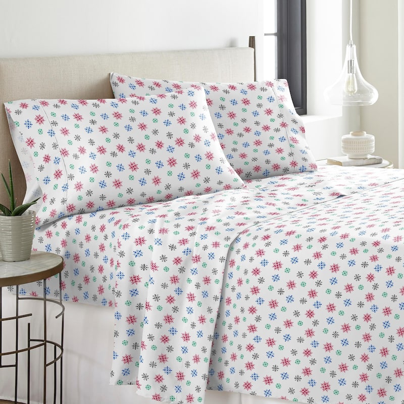 Solid or Print Cotton Heavyweight Flannel Bed Sheet Set - snowflakes multi - Nature/Striped - 4 Piece - Queen