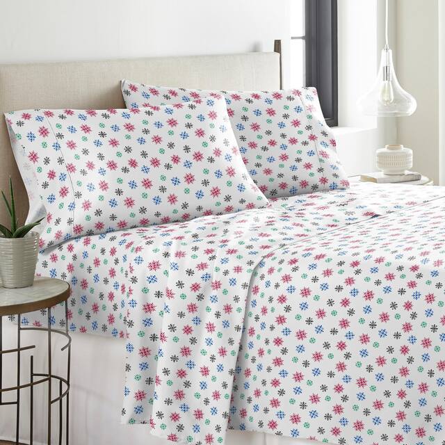 Solid or Print Cotton Heavyweight Flannel Bed Sheet Set - snowflakes multi - Nature/Striped - 4 Piece - Full