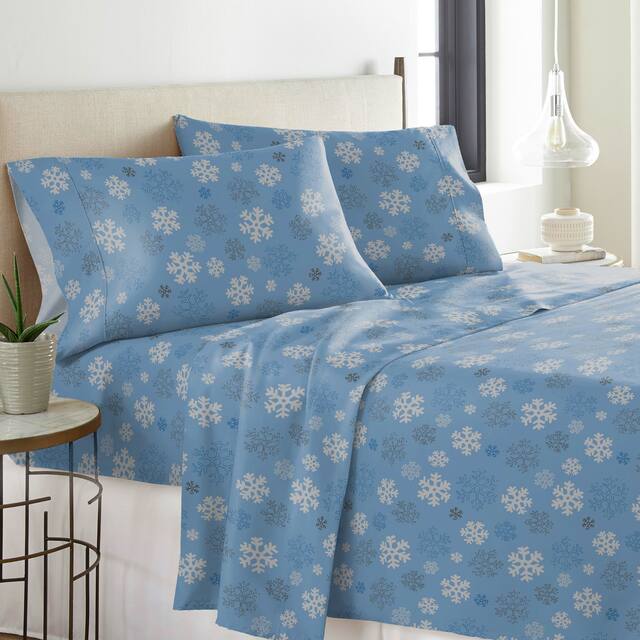 Solid or Print Cotton Heavyweight Flannel Bed Sheet Set - Snow Flakes Dusty Blue - Nature/Striped - 4 Piece - Full