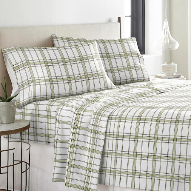 Solid or Print Cotton Heavyweight Flannel Bed Sheet Set - Sage Plaid - Plaid/Striped - 3 Piece - Twin