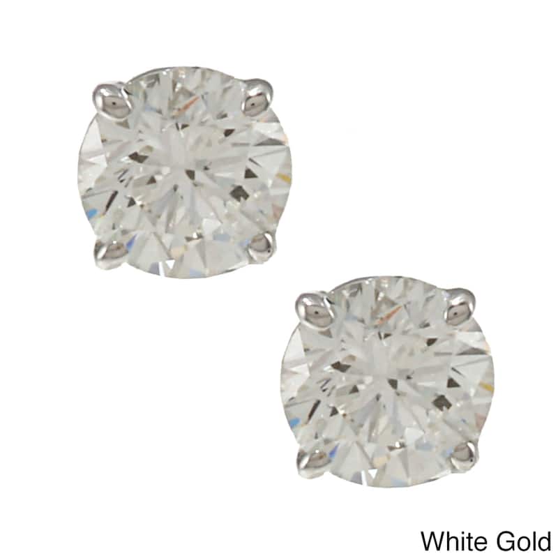 14k Gold 1ct TDW Round Hearts & Arrows Diamond Stud Earrings by Auriya (G, SI1-SI2) - White