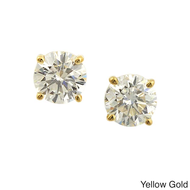 14k Gold 1ct TDW Round Hearts & Arrows Diamond Stud Earrings by Auriya (G, SI1-SI2) - Yellow