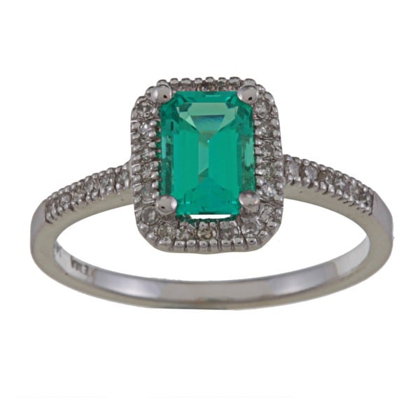 14k White Gold Created Emerald and 1/6ct TDW Diamond Ring (G H, SI1 SI2) Gemstone Rings