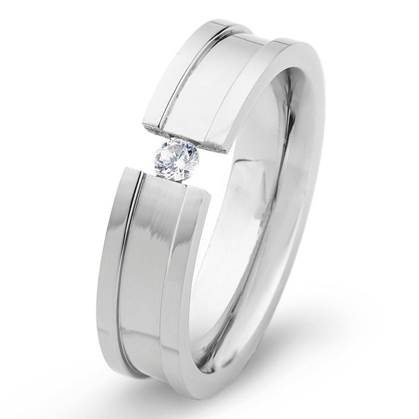 Stainless Steel Ring with Tension Set Cubic Zirconia Center - Silver