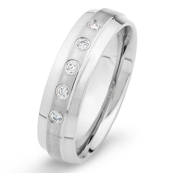 Stainless Steel Brushed Center Crystal Ring