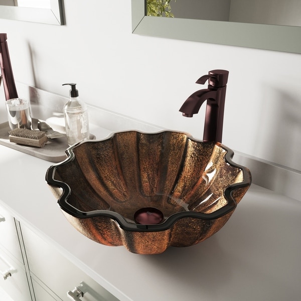VIGO Walnut Shell Glass Vessel Bathroom Sink Set with Otis Faucet