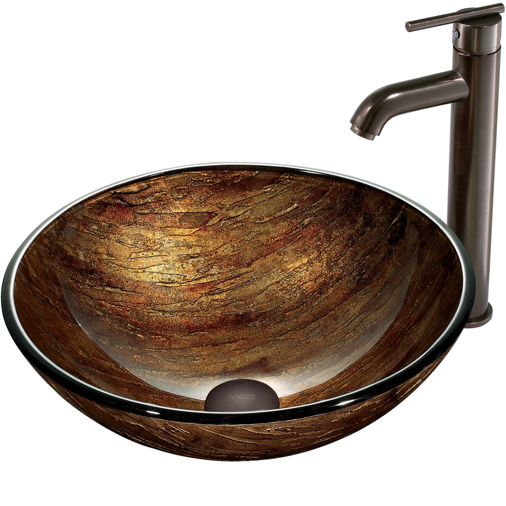 Vigo Amber Sunset Glass Vessel Sink And Faucet Set In Oil Rubbed Bronze