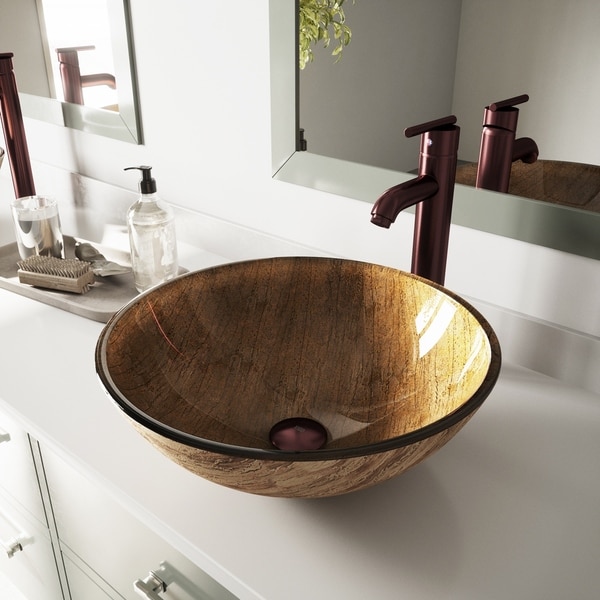 VIGO Amber Sunset Glass Vessel Bathroom Sink Set with Seville Faucet