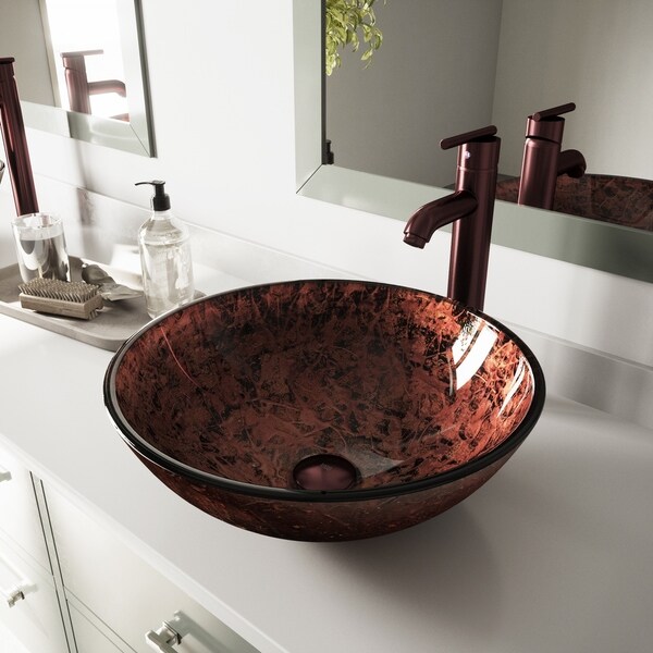 VIGO Mahogany Moon Glass Vessel Sink Set with Seville Vessel Faucet