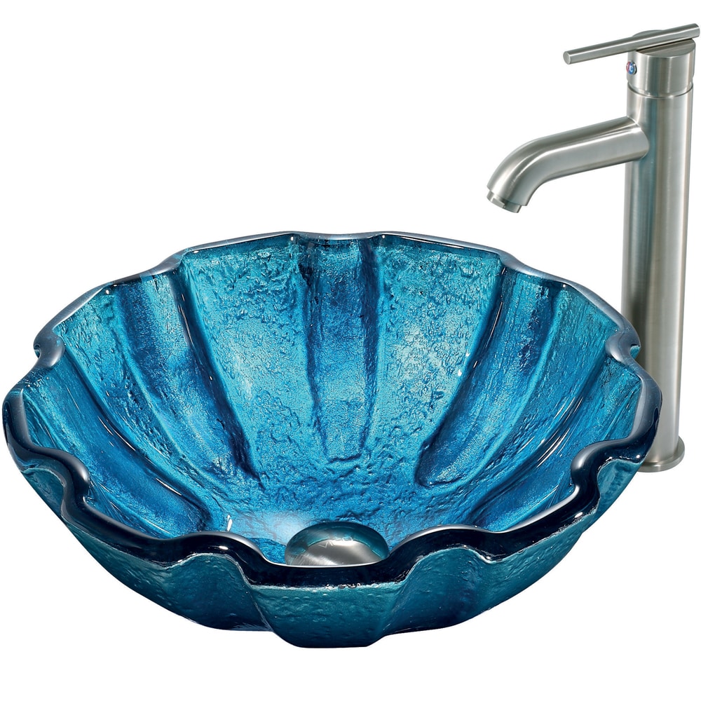 Vigo Mediterranean Seashell Glass Vessel Sink And Faucet Set In Brushed Nickel