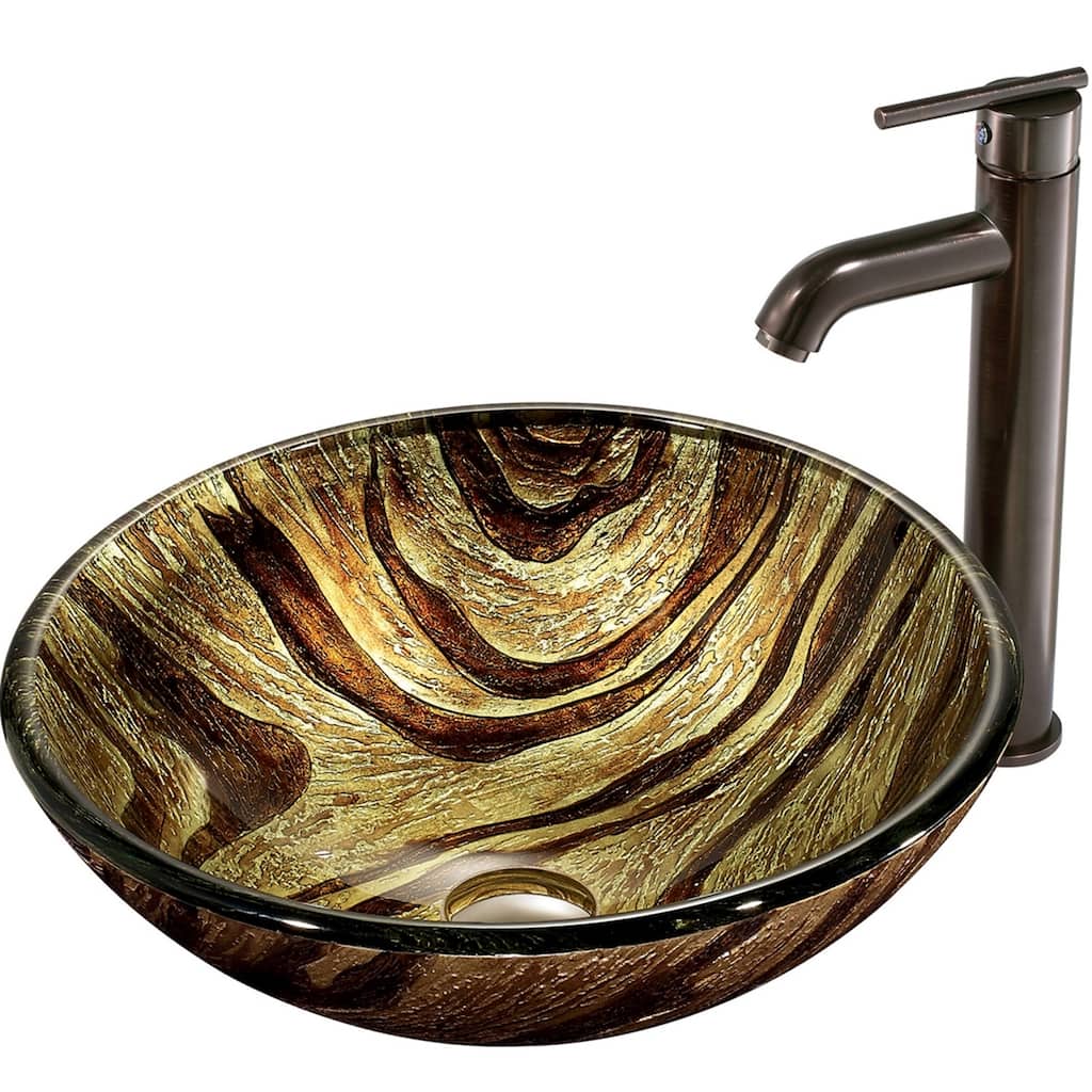 VIGO Zebra Glass Vessel Bathroom Sink Set with Seville Vessel Faucet