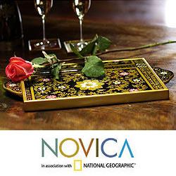 Painted Glass 'Nighttime Garden' Tray (Peru) Novica Trivets & Trays