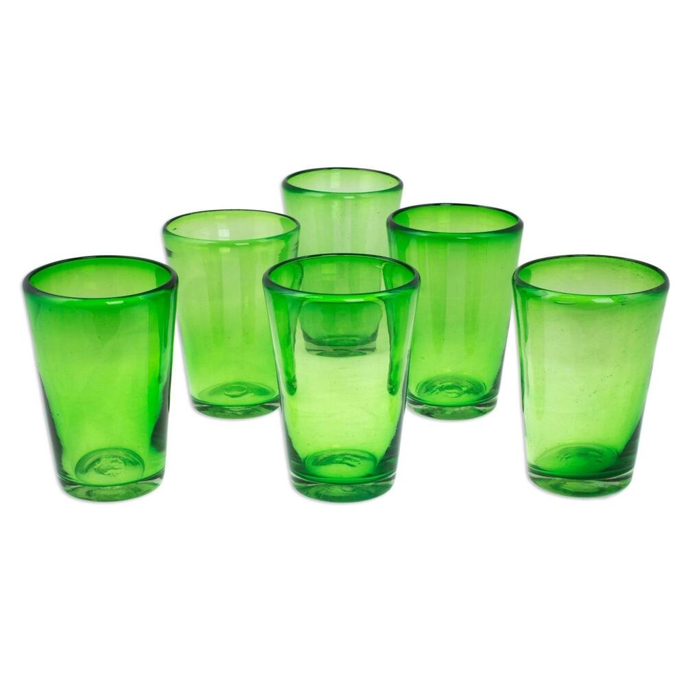 NOVICA Artisan Handblown Recycled Drinking Water Glasses Green Mexican Drinkware Tumbler 'Lime Twist'(Set of 6)