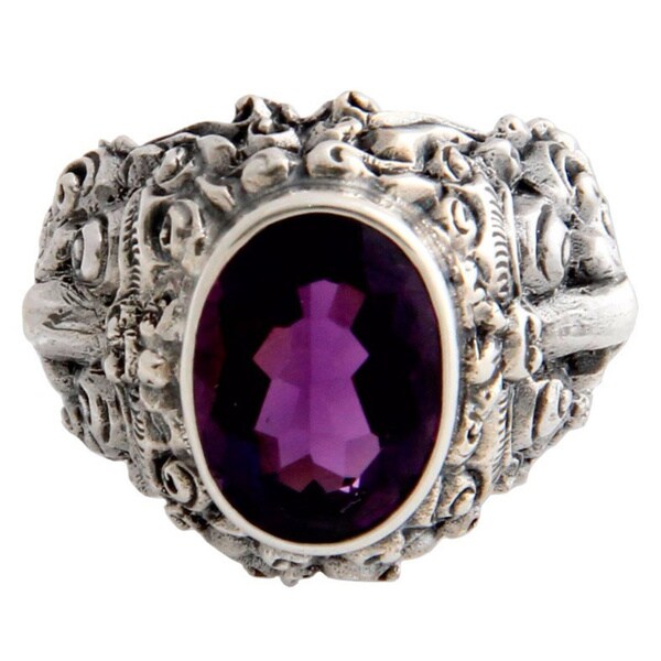 Handmade Beloved Barong Amethyst Men's Sterling Silver Ring (Indonesia)