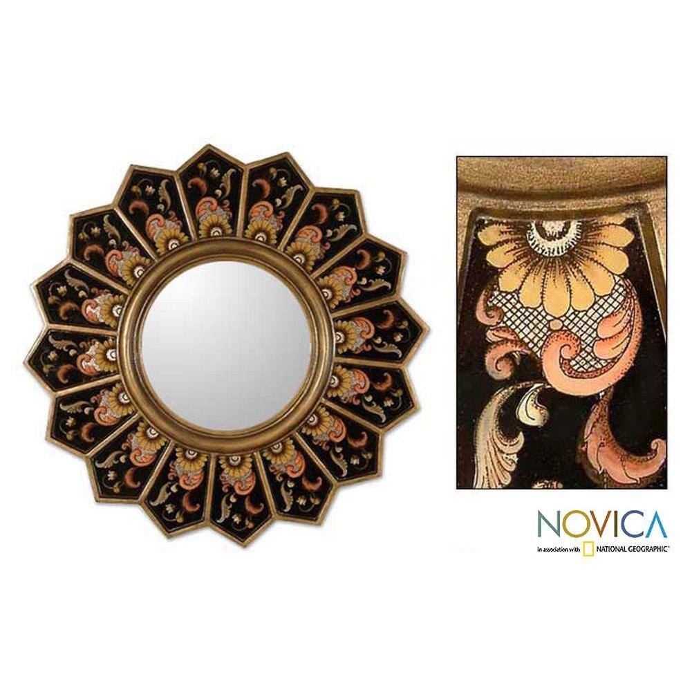 Glass Cedar Wood 'Sunflower Fan' Mirror (Peru) - Antique Black