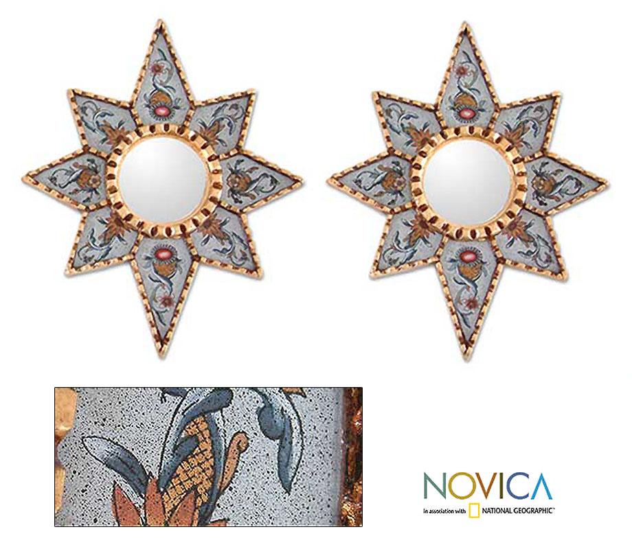 Radiant Flower Stars Artisan Handmade Glass Mohena Wood Home Decor Blue Accent Hall Bedroom Bathroom Pair Wall Mirrors (Peru)