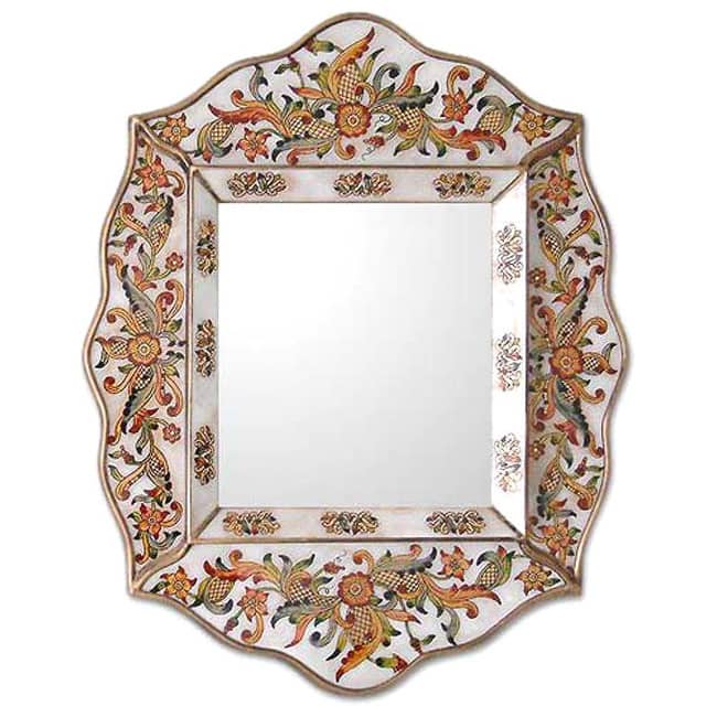 Handmade Glass Cedar Wood 'White Innocence' Mirror (Peru) - Brown
