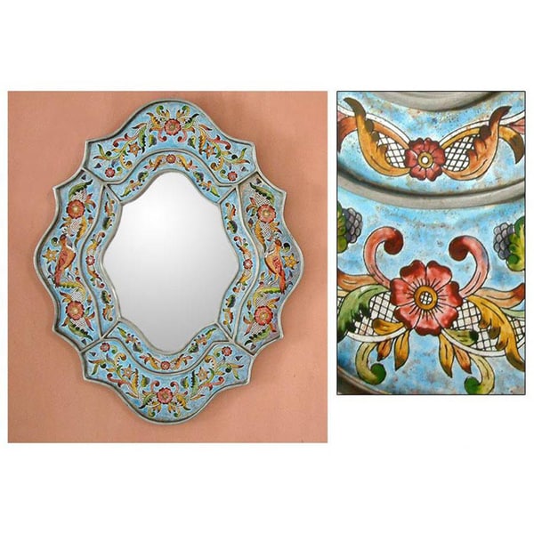 Handmade Revers Painted Bright Blue Sky Flower Mirror (Peru) - N/A