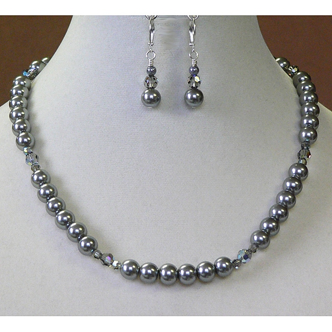 Palmtree Gems 'Black Diamond' Crystal and Pearl Necklace and Earring Set