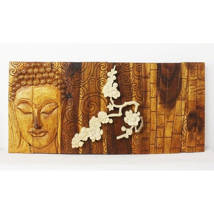 Handmade Wood Bamboo Buddha Flower Wall Panel (Thailand) - 18" x 38" x 3"