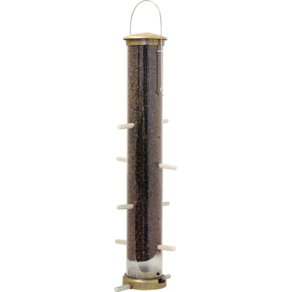 Large Antique Brass Nyjer Tube Bird Feeder (BrassMaterials Plastic/MetalStyle TubeSize/number of feed ports 10 feeding staitonsSeed Capacity 1.75 quartsDimensions 19.9 inches high x 6 inches wide x 6 inches deep Weight 3 pounds )