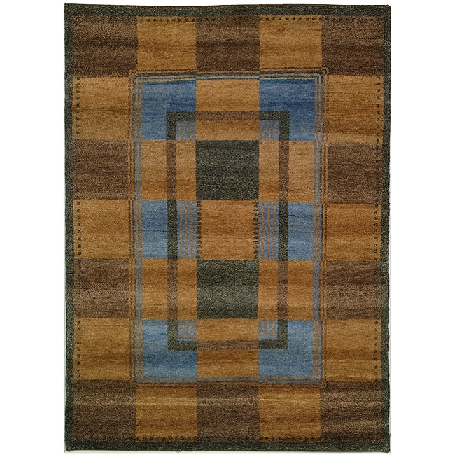 Hand knotted Selaro Grids Brown/ Blue Wool Rug (4 X 6)