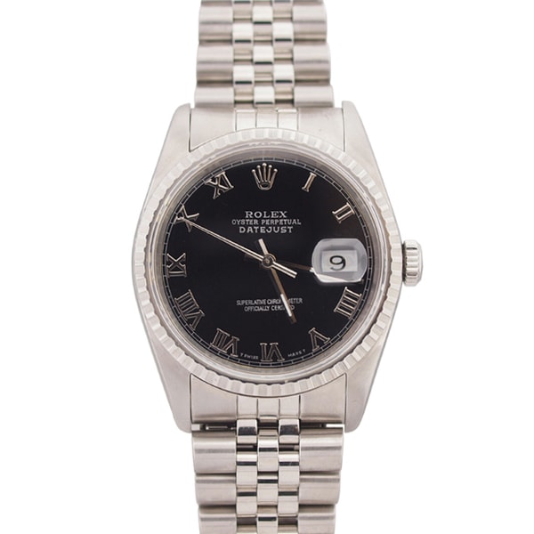 Pre owned Rolex Men's Datejust Stainless Steel Black Roman Dial Watch Rolex Men's Pre Owned Rolex Watches