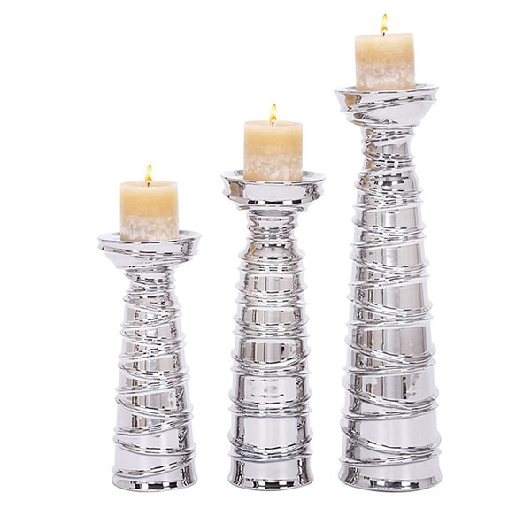 Shop Casa Corter Silver Ceramic Pillar Candle Holders (Set ...