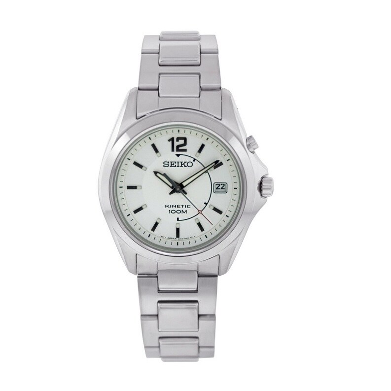 seiko men's silvertone black dial solar calendar watch