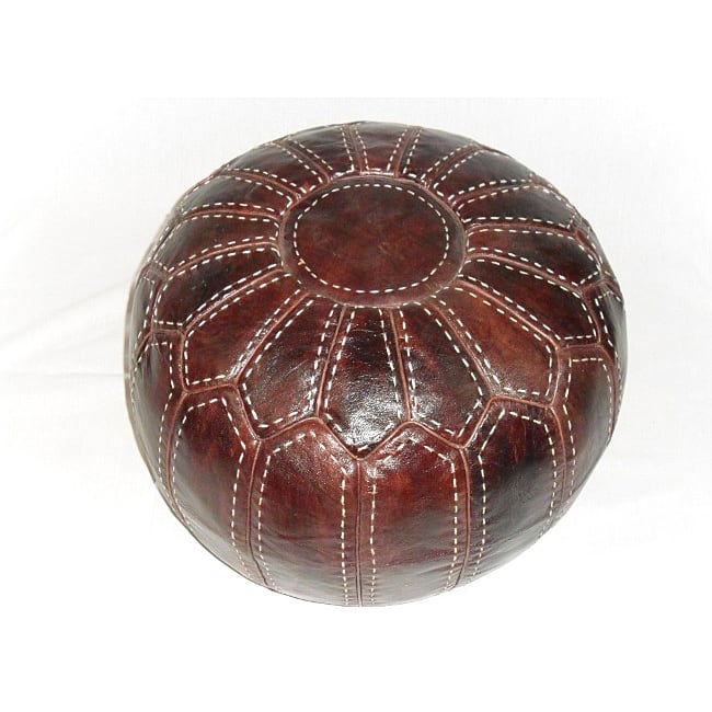 Handmade White TrimKasbah Brown Leather Ottoman Pouf (Morocco)