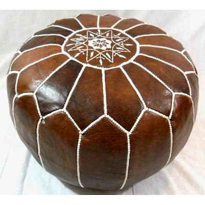 Handmade Cocoa/White Stitched Leather Ottoman Pouf (Morocco)
