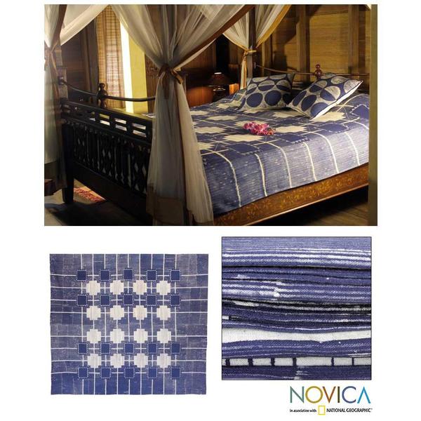 Handmade Batik Cotton 'Indigo Cross' Bedspread (Thailand)