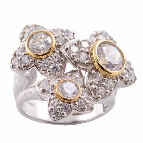 Gems en Vogue 14k Gold and Silver Cubic Zirconia Flower Ring