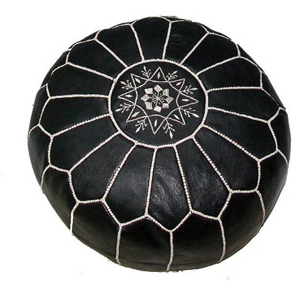 Shop Handmade Black Leather Ottoman Pouf White (Morocco) Free