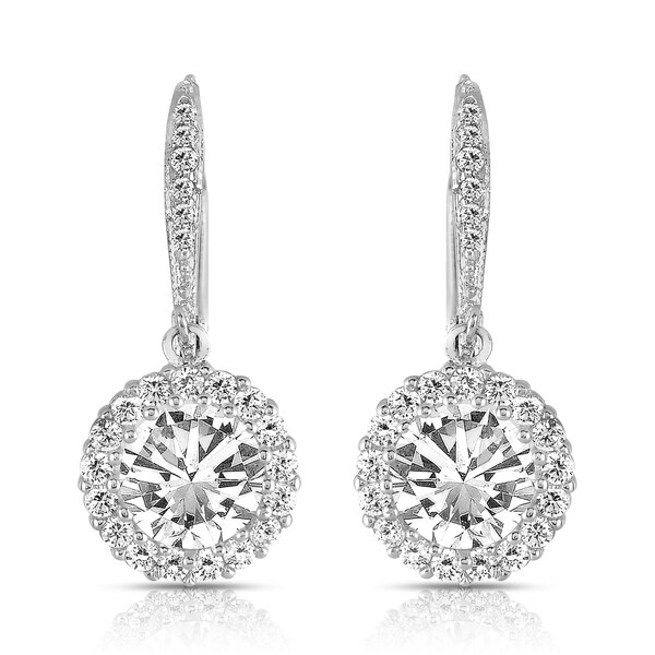 Collette Z Sterling Silver Round-cut Cubic Zirconia Halo Drop Earrings. Opens flyout.